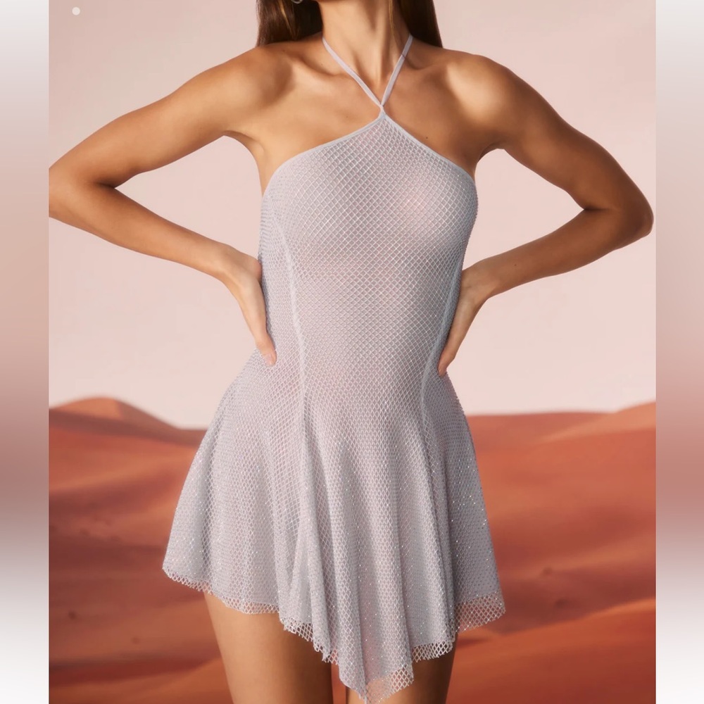 NEW AND WITH TAGS -OH POLLY EMBELLISHED LACE UP BACK MINI DRESS IN SILVER